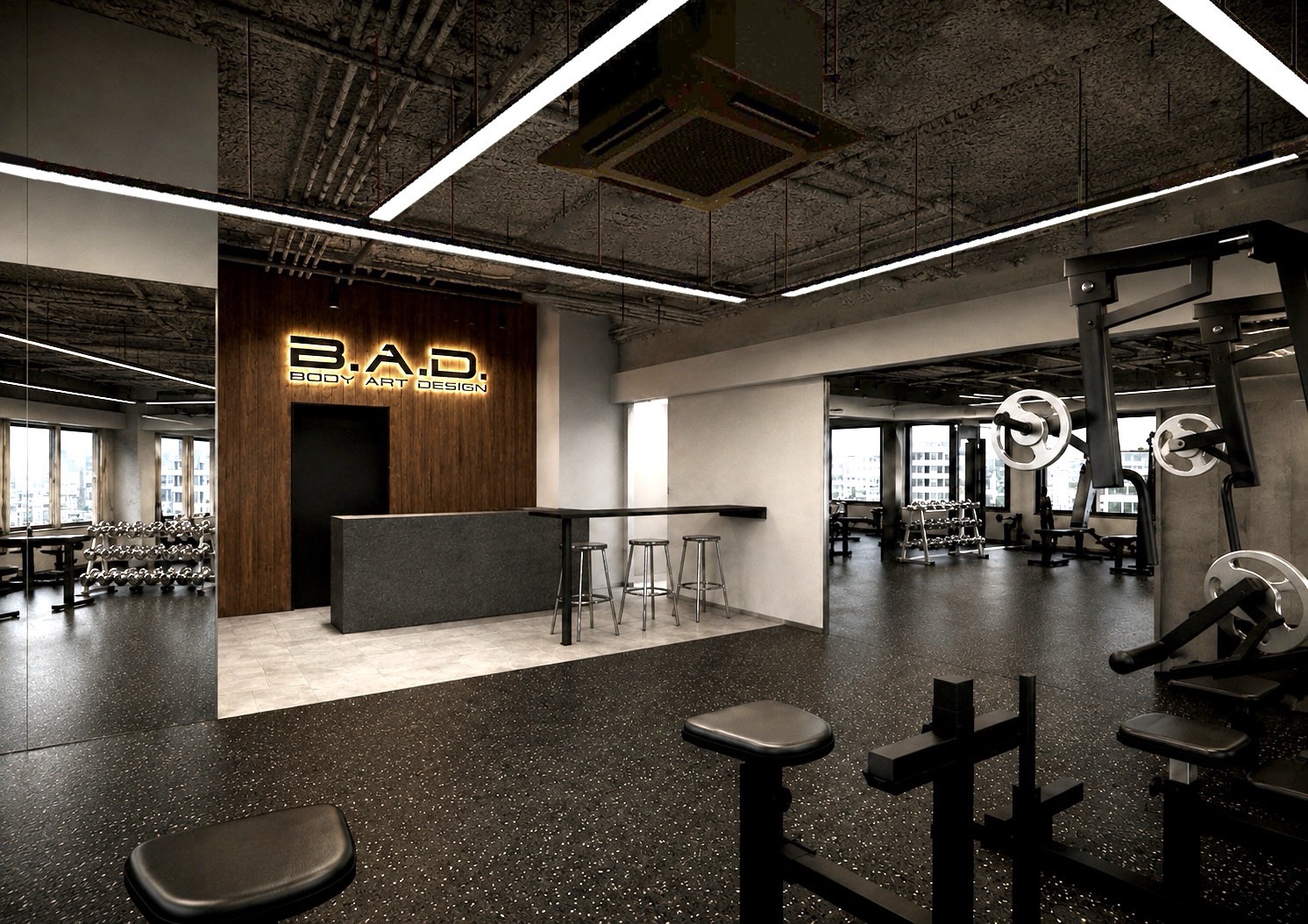 Inside B.A.D. GYM URAWA. Rendering looking past the reception sign to the free-weight area